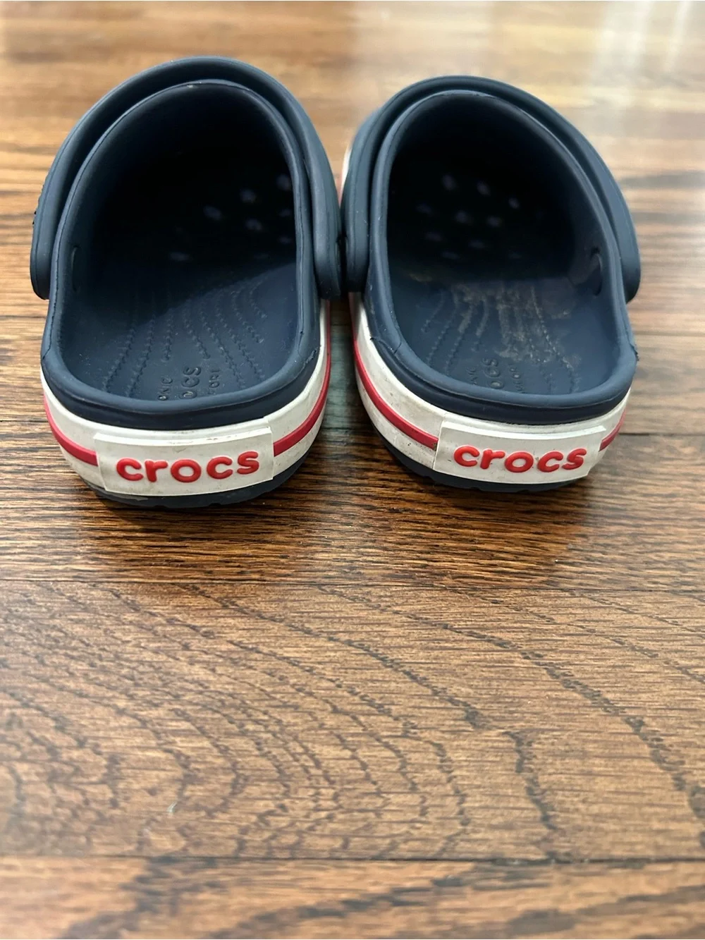 CROCS Kids SIZE 10 Navy Slip-On Clogs with Red Trim and Farm Charms